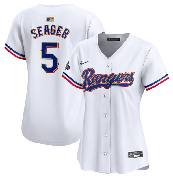 Women's Texas Rangers #5 Corey Seager White 2024 Gold Collection Stitched Baseball Jersey(Run Small)